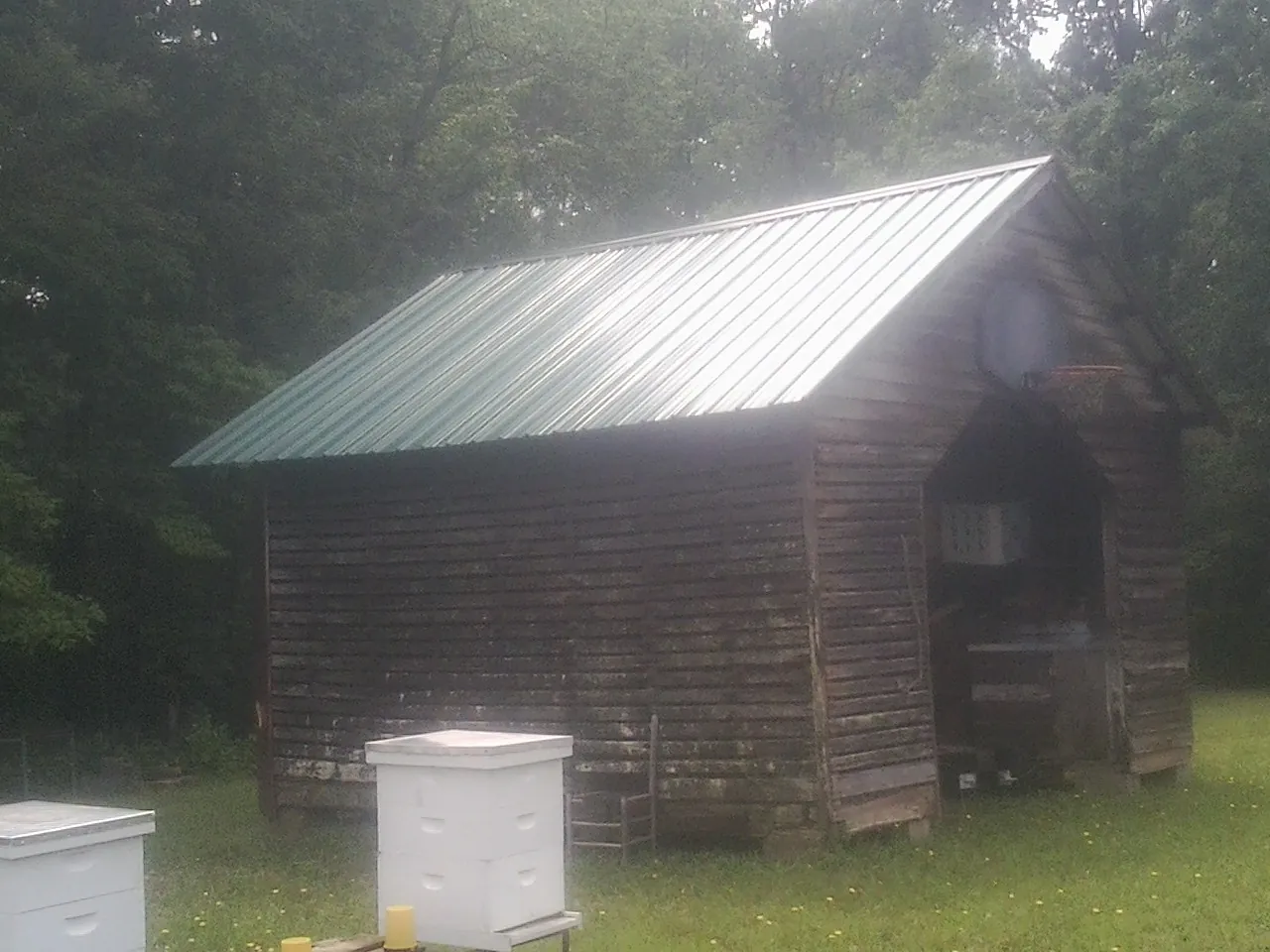 Green metal roof on a weathered barn beside stacked beehives in West Elkton