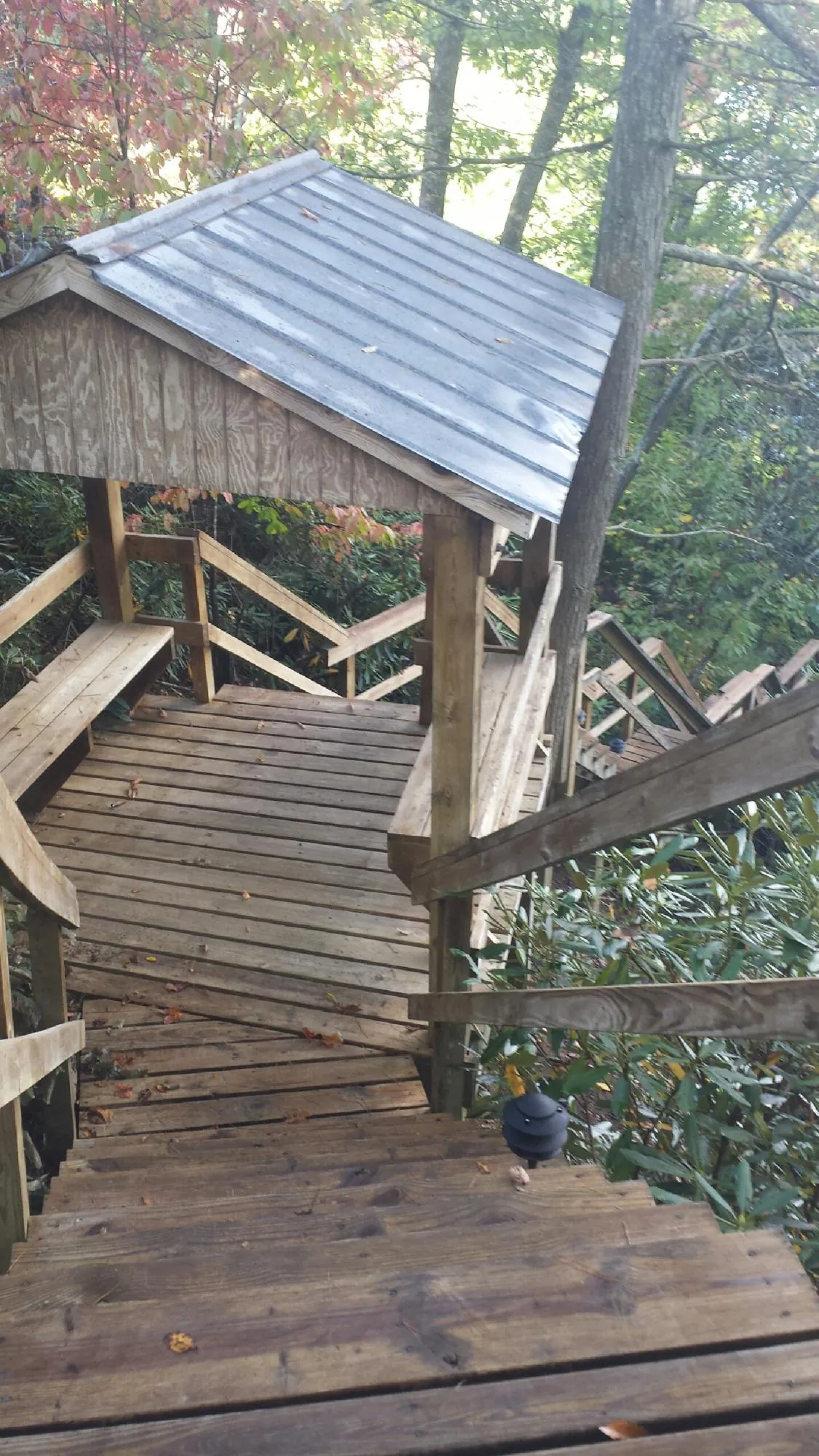 Metal roofed shelter over wooden steps on a wooded walkway — Skylight Repair & Installation work by our crew in West Elkton